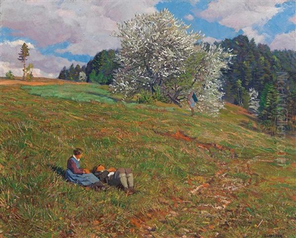 Fruhling Im Pinzgau - Springtime In The Pinzgau Region Oil Painting by Switbert Lobisser