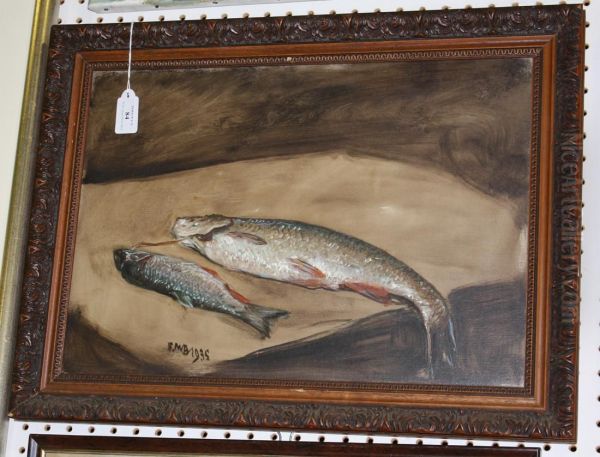 Study Of Two Fish Resting On Brown Paper Oil Painting by Frank Moss Bennett