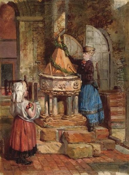 Decorating The Old Font Oil Painting by James Lobley