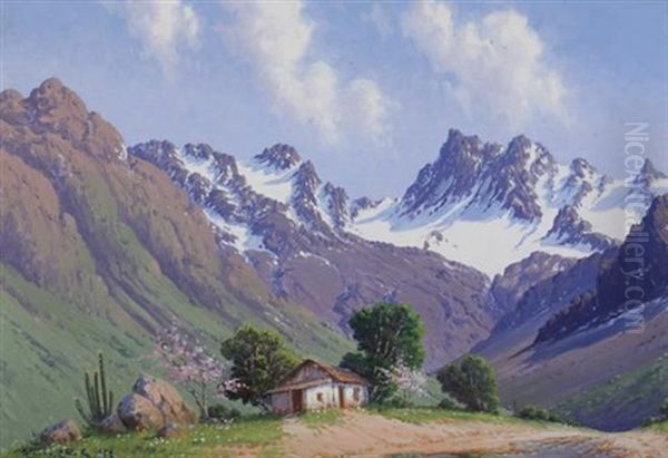 Cabin In The Andes Mountains Oil Painting by Alfredo Lobos