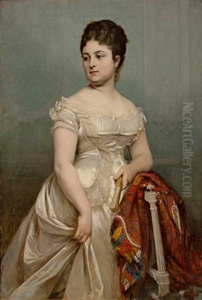 Portrait Der Marie Sonnery Im Alter Von 24 Jahren; Dreiviertelportrait Im Ballkleid Mit Fein Drapiertem Kaschmirschal Oil Painting by Timoleon Marie Lobrichon