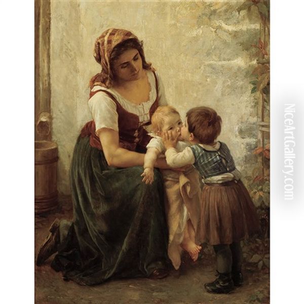 This Kiss (mother And Children) Oil Painting by Timoleon Marie Lobrichon