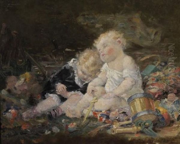 Enfants Jouant Oil Painting by Timoleon Marie Lobrichon