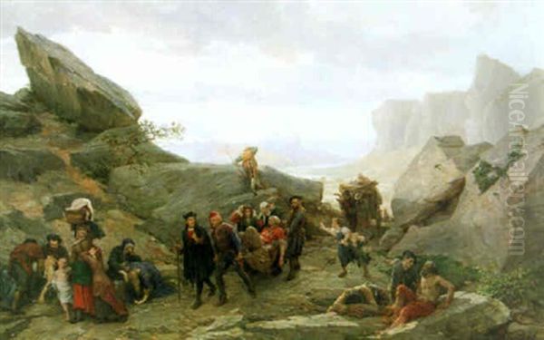 La Fuite Des Vaudois Pendant Les Massacres De Meridol Et Cabrieres Oil Painting by Timoleon Marie Lobrichon