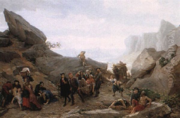 La Fuite Des Vaudois Pendant Les Massacres De Merindol Et Cabrieres Oil Painting by Timoleon Marie Lobrichon