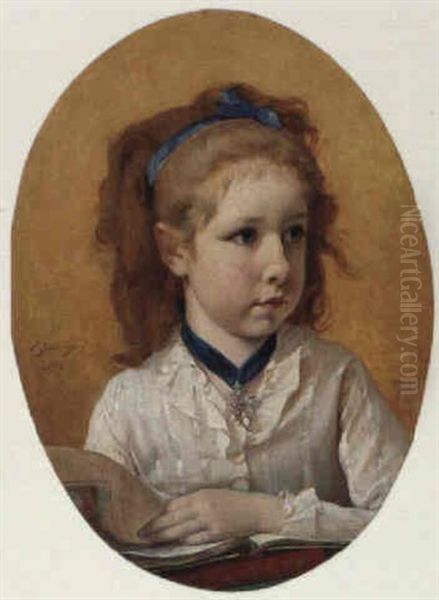 Portrait Of A Young Girl With A Blue Ribbon Oil Painting by Timoleon Marie Lobrichon