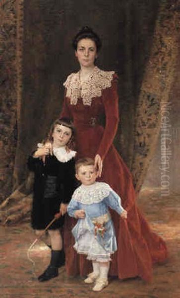 Portrait Of A Lady With Her Children Oil Painting by Timoleon Marie Lobrichon