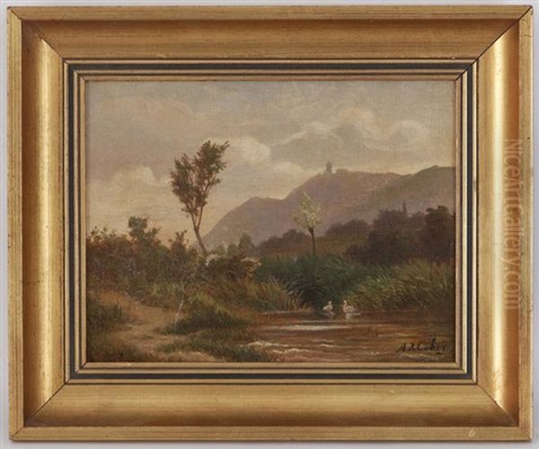 Paysage Aux Canards Et Paysage Aux Vaches (pair) Oil Painting by Adrien Rene Lobry-Visbach