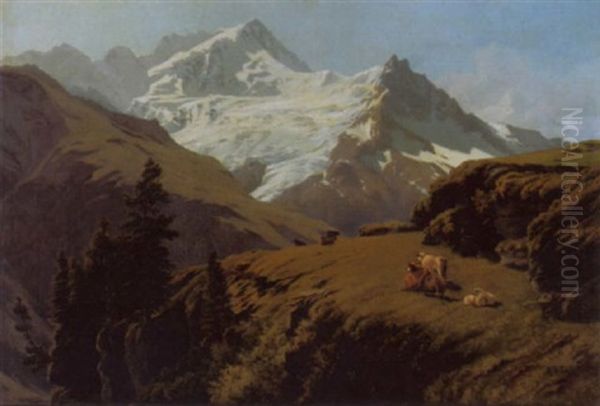 Le Rothorn Et Le Glacier De Moming Oil Painting by Adrien Rene Lobry-Visbach