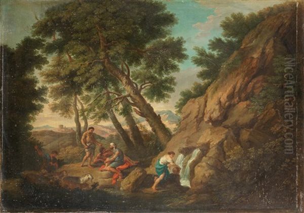 Classical Figures Resting In An Italianate Landscape With A Figure Drawing Water At A Waterfall Oil Painting by Andrea Locatelli