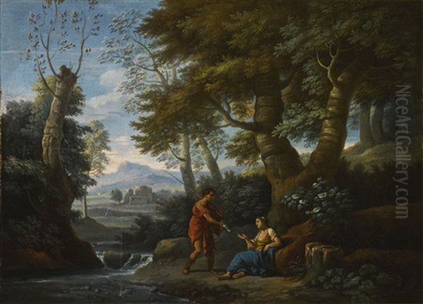 Landscape With A Fisherman And A Female Figure By A River Oil Painting by Andrea Locatelli