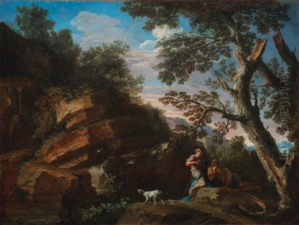 A Rocky River Landscape With Figures Conversing Beneath A Tree by Andrea Locatelli