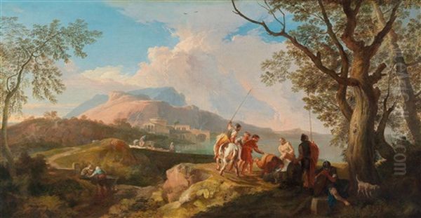 Rodomonte And Orlando In An Arcadian Landscape Oil Painting by Andrea Locatelli