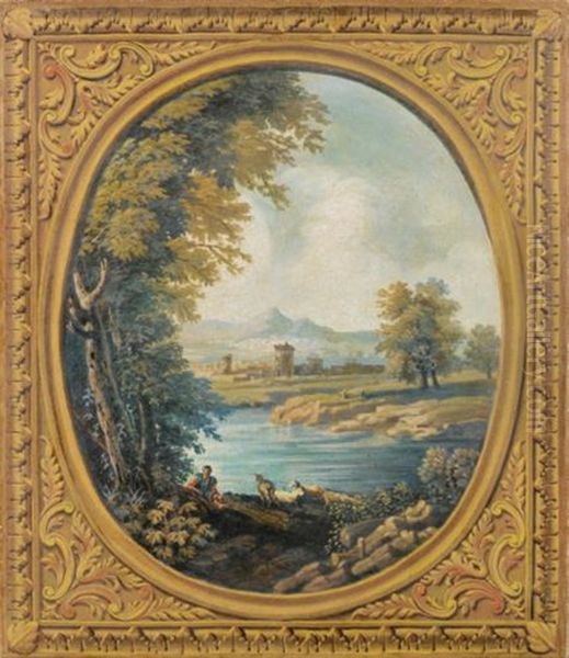 Decoration Set Depincting Italian Landscapes In A Painted Oval Oil Painting by Andrea Locatelli