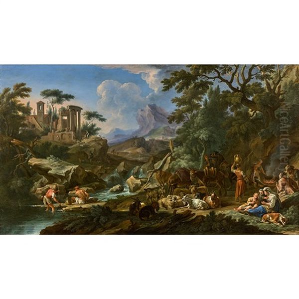 Paysage A La Cascade Surmontee De Ruines Antiques Et Animees De Pecheurs Et De Bergers Avec Leurs Troupeaux Oil Painting by Andrea Locatelli