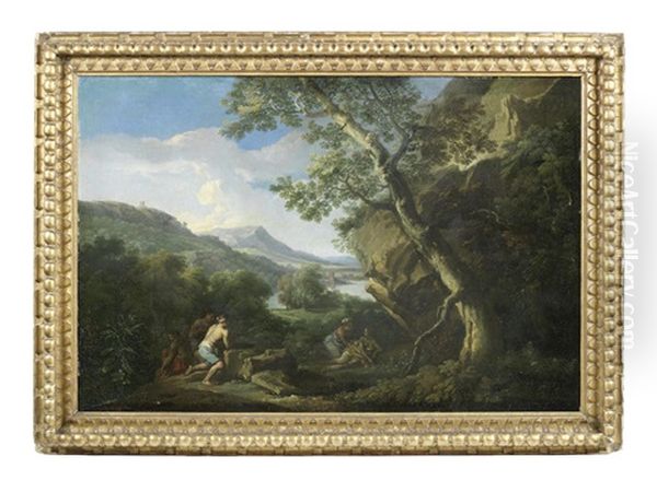 A Wooded River Landscape With Shepherds Observing Bathers Oil Painting by Andrea Locatelli