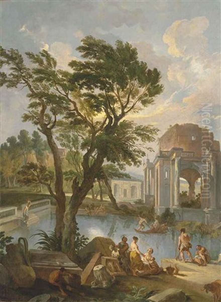 A Landscape With Figures Resting Among Classical Ruins By A Lake Oil Painting by Andrea Locatelli