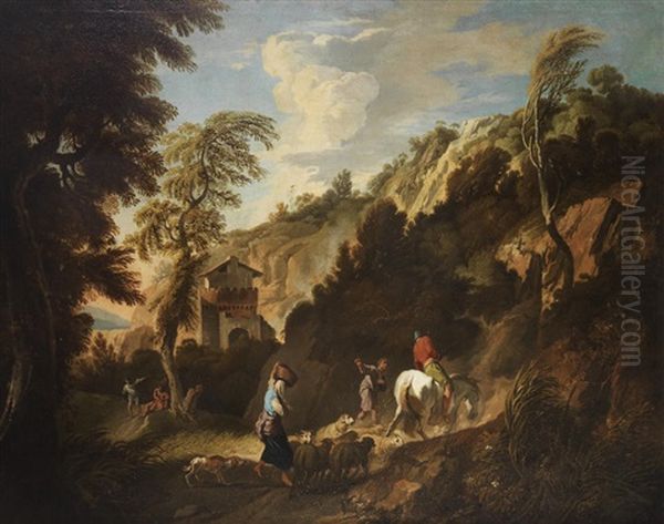 A Shepherdess And Her Flock With A Rider On A White Horse Oil Painting by Andrea Locatelli