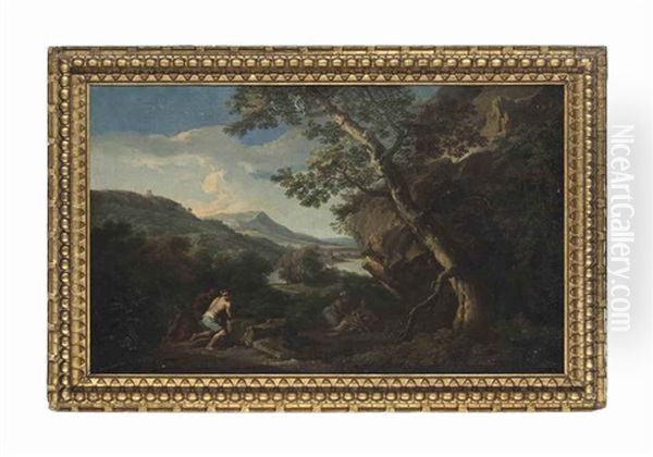 A Wooded River Landscape With Shepherds Observing Bathers Oil Painting by Andrea Locatelli