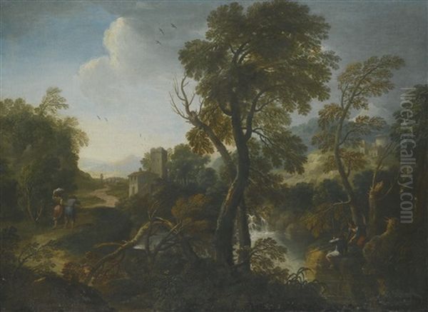 An Italianate Wooded River Landscape With Fishermen On The Bank Before A Waterfall, Travellers On A Path And A Shepherd With His Flock Beyond Oil Painting by Andrea Locatelli