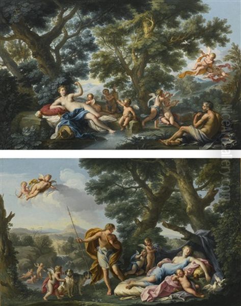 Venus And Vulcan; Venus And Adonis by Andrea Locatelli