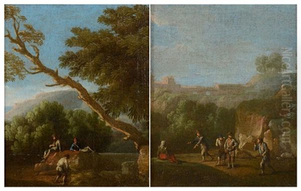 La Partie De Boules; Scene De Moisson (2 Works) Oil Painting by Andrea Locatelli