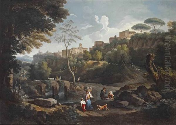 A Pastoral Landscape With A Woman Carrying A Basket Of Grapes, Figures Conversing, Herdsmen On A Bridge, And A Town On A Rock In The Near Distance Oil Painting by Andrea Locatelli