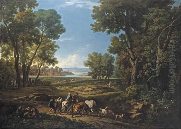 A Pastoral Landscape With A Family Travelling On Horseback And Figures Resting In The Foreground, Shepherds And Other Figures On The Path Beyond, A Town Wall On The River Bank In The Distance Oil Painting by Andrea Locatelli