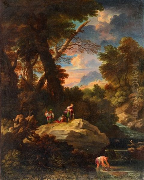 Southern Evening Landscape With Figures Oil Painting by Andrea Locatelli