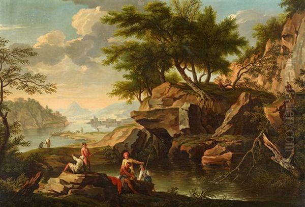 Fisher In A Roman Landscape Oil Painting by Andrea Locatelli