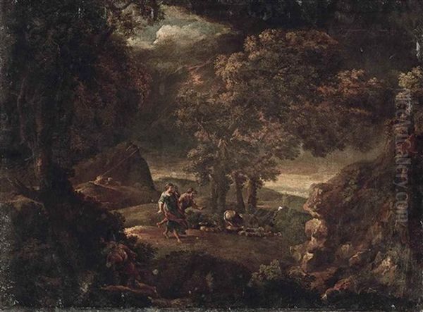 A Wooded Landscape With Figures In A Thunderstorm Oil Painting by Andrea Locatelli