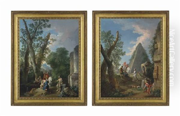 An Italianate Wooded Landscape With Classical Ruins, A Centurion, Figures And A Dog; And A Capriccio Of A Pyramid With Two Centurions, Figures And A Dog (pair) Oil Painting by Andrea Locatelli