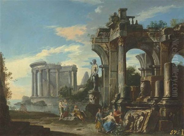 An Architectural Capriccio With Figures Conversing Among Classical Ruins Oil Painting by Andrea Locatelli