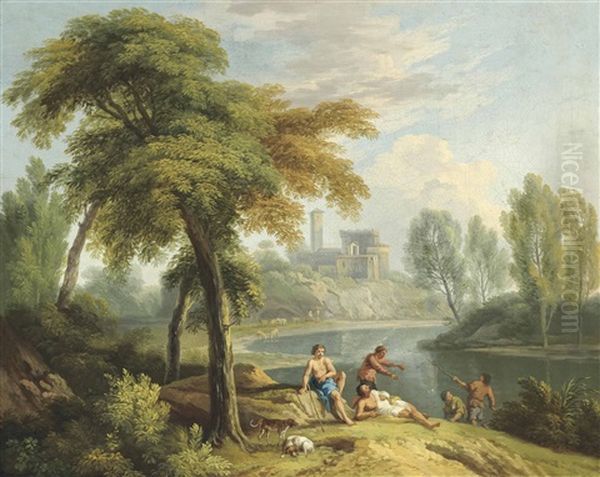 An Italianate River Landscape With Classical Figures At Rest On A Bank Oil Painting by Andrea Locatelli