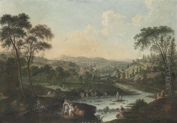 An Extensive Mountainous River Landscape With Classical Figures At Rest In The Foreground, Fishermen Laying Out Their Nets, A Herdsman And His Flock Beyond Oil Painting by Andrea Locatelli