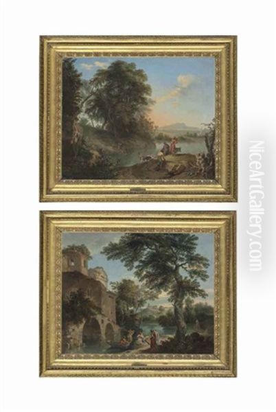 An Italianate Landscape With Figures Resting By A Stream Near A Ruined Castle; An Italianate Landscape With Herdsmen And Their Cattle And Goats By A Stream (pair) Oil Painting by Andrea Locatelli