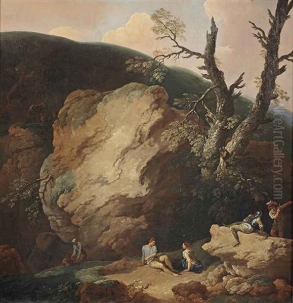 A Rocky Landscape With Soldiers And Other Figures Resting And Conversing Oil Painting by Andrea Locatelli