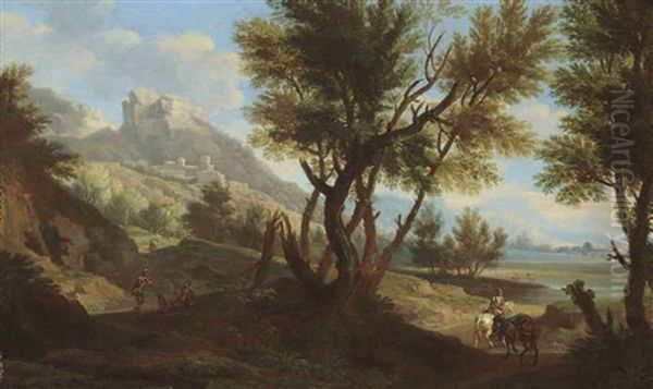 An Italianate Landscape With Figures Conversing And Travellers On Horseback, A Hilltop Settlement Beyond Oil Painting by Andrea Locatelli