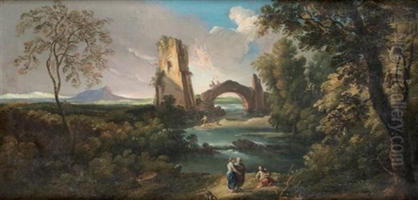 Paysage Au Pont Et A La Tour Avec Des Villageoises Pres D'une Riviere Oil Painting by Andrea Locatelli