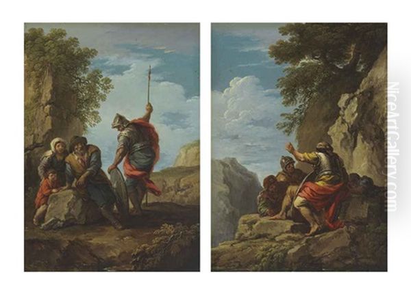 A Soldier With A Peasant Family In A Landscape (+ Soldiers In A Rocky Landscape; Pair) Oil Painting by Andrea Locatelli