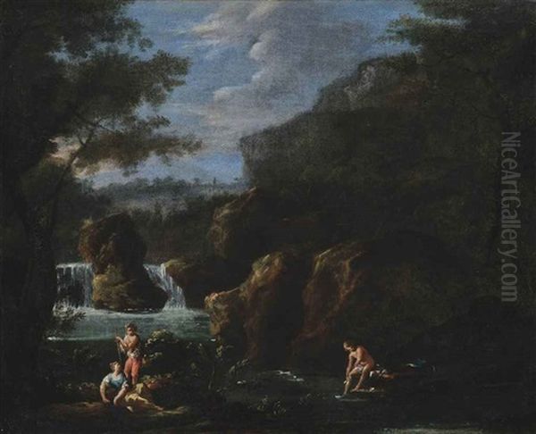 A Rocky River Landscape With Figures Resting On The Bank And Another Bathing, With A Waterfall Beyond Oil Painting by Andrea Locatelli