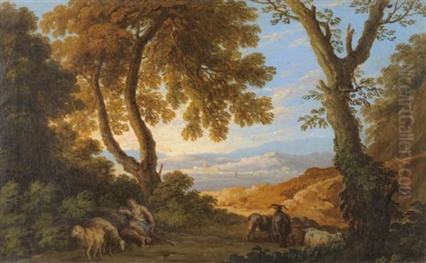 Wooded Landscape With Shepherd, Sheep And Goats Oil Painting by Andrea Locatelli