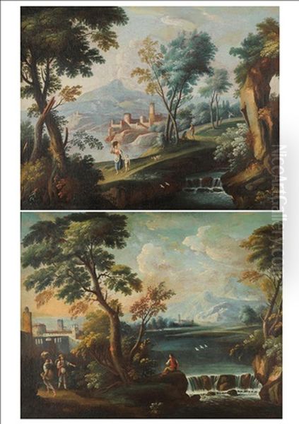 Italianate Landscape With Figures And A Dog On A Path (+ River Landscape With Figures And A Dog On A Path; Pair) by Andrea Locatelli