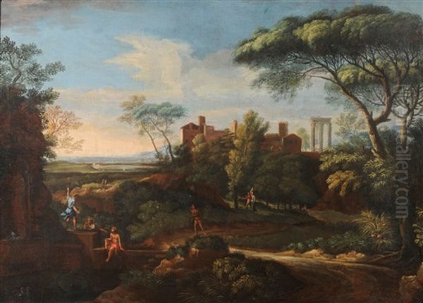 Italianate Landscape With Classical Figures Beside Ruins Oil Painting by Andrea Locatelli