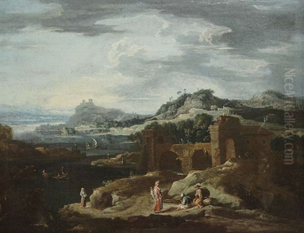 Paysage Montagneux Mediterraneen Anime De Figures Pres De Ruines D'un Pont Et Pecheurs Oil Painting by Andrea Locatelli