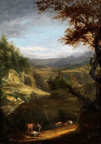 Hugelige Landschaft Mit Von Jungen Baumen Und Strauchern Bewachsenen Felsen Und Lagernden Hirten Mit Rindern Oil Painting by Andrea Locatelli