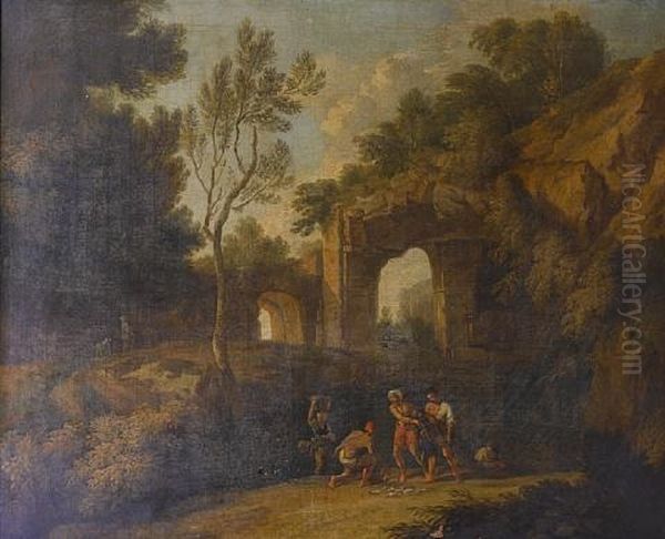 An Italianate River Landscape With Fishermen Hauling In Their Nets Before A Waterfall Oil Painting by Andrea Locatelli