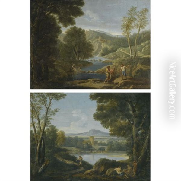 A Pastoral Landscape With Women Washing Clothes And Three Fishemen In The Foreground (+ A Pastoral Landscape With A Herd Of Goats Crossing A Bridge And A Group Of Reclining Figures In The Foreground; Smllr; Pair) Oil Painting by Andrea Locatelli