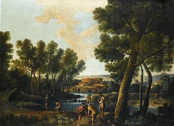 An Italianate Landscape With Anglers Oil Painting by Andrea Locatelli