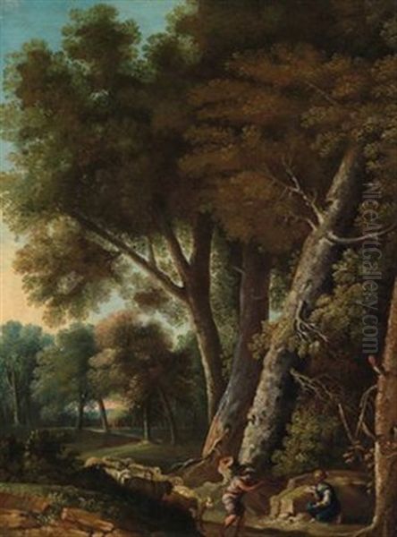 Baumbestandene Gebirgslandschaft Mit Hirtenstaffage (+ Another, Similar; Pair) Oil Painting by Andrea Locatelli